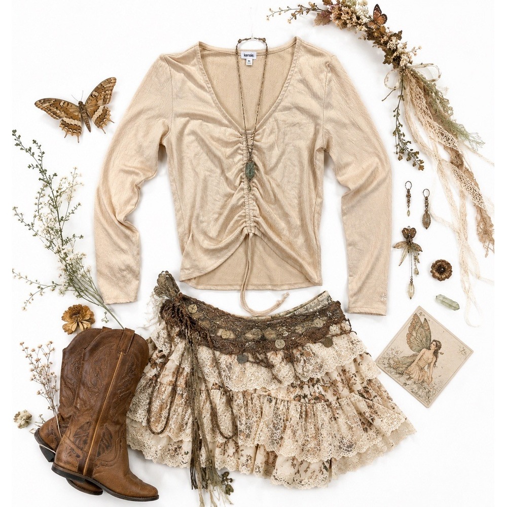 Kensie Ruched Drawstring Top M Y2K Coquette Boho Festival Whimsigoth Cream NWT